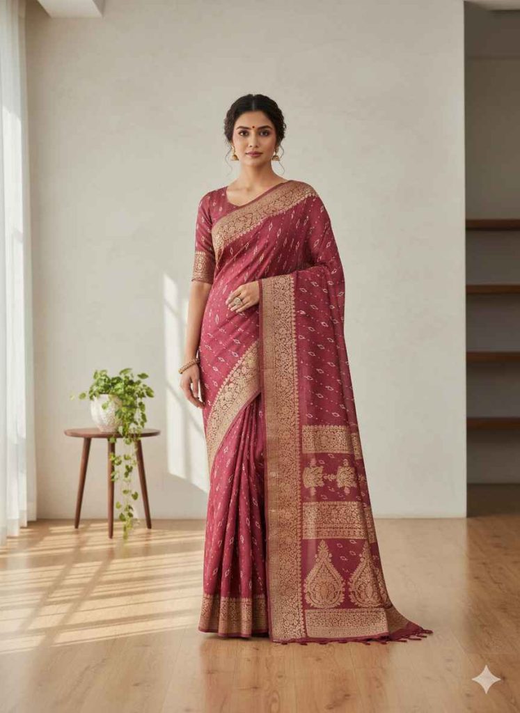 Maroon Gold Bandhani Silk – Red/Silk