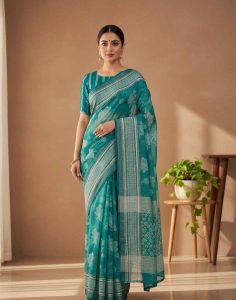 Teal Floral Georgette Saree - Blue/Georgette